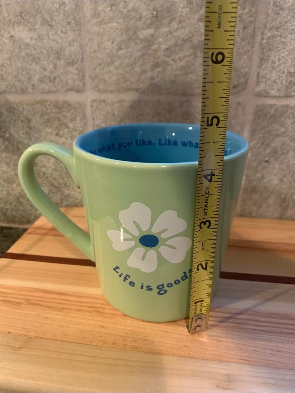 Life Is Good Light Green Ceramic Mug with Blue Interior and White Flower - Picture 6 of 7